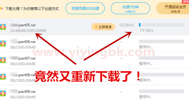 百度网盘下载暂停了一会儿，再继续又重新开始下载了。www.yiyingbk.com