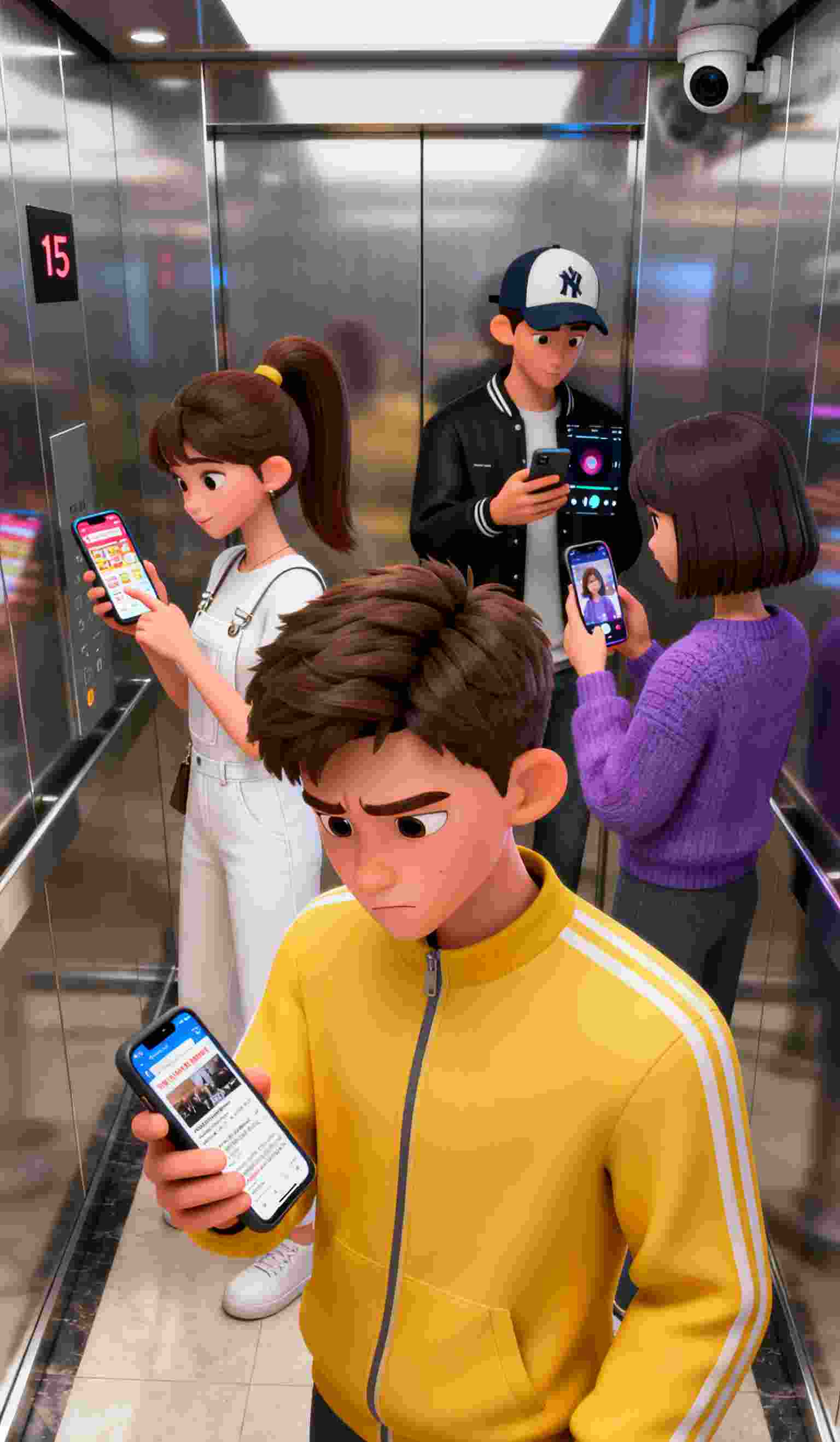 几个年轻男女,在电梯里看手机。www.yiyingbk.com 几个年轻男女,在电梯里看手机。www.yiyingbk.com